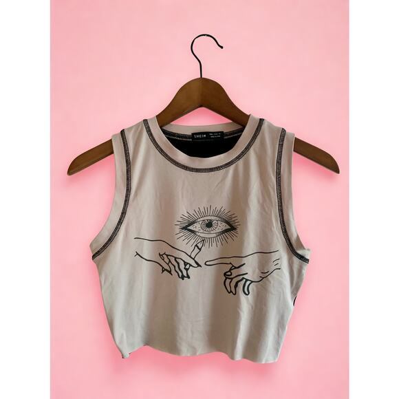 SHEIN cream/black cropped tank top with Eye and Hand graphic —size S - Picture 1 of 5